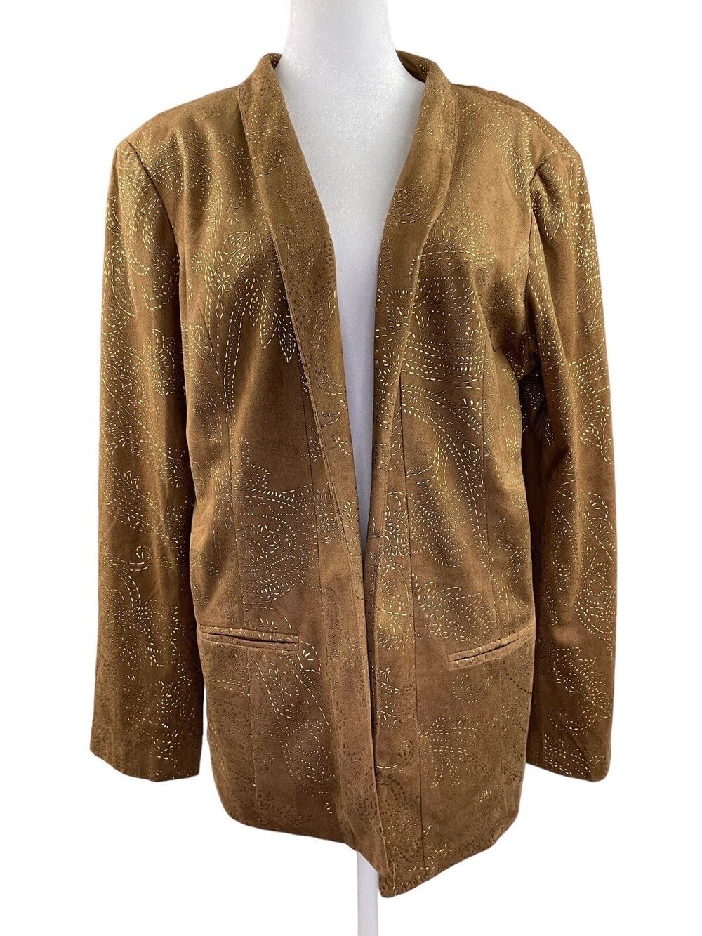 Chico's 2 L Brown Faux Leather Open Jacket Gold Paisley Embossed Long Sleeve